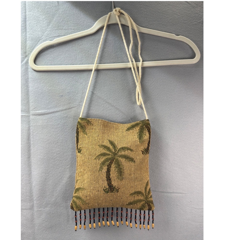 Y2K Boho Palm Tree Tapestry Crossbody Bag Beaded Fringe Rope Strap Beach Purse